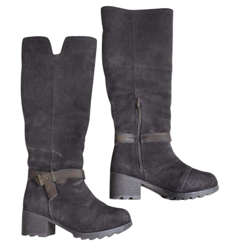 Bearpaw Womens Suede Tall Boots Size 6 Brown Sherpa Lined Knee High Heeled